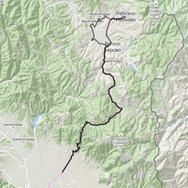 Map miniature of "Pehčevo to Chiflik and Macevo" cycling inspiration in Severna Makedonija, Macedonia. Generated by Tarmacs.app cycling route planner