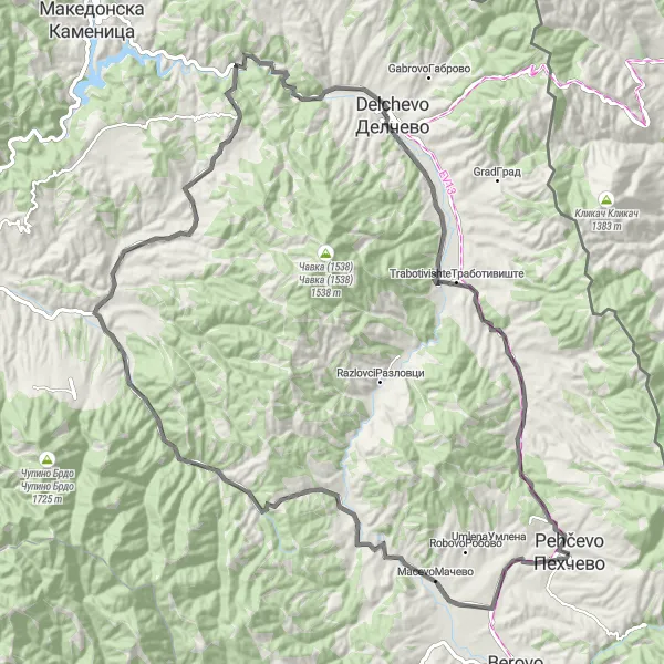 Map miniature of "Pehčevo to Trabotivishte" cycling inspiration in Severna Makedonija, Macedonia. Generated by Tarmacs.app cycling route planner