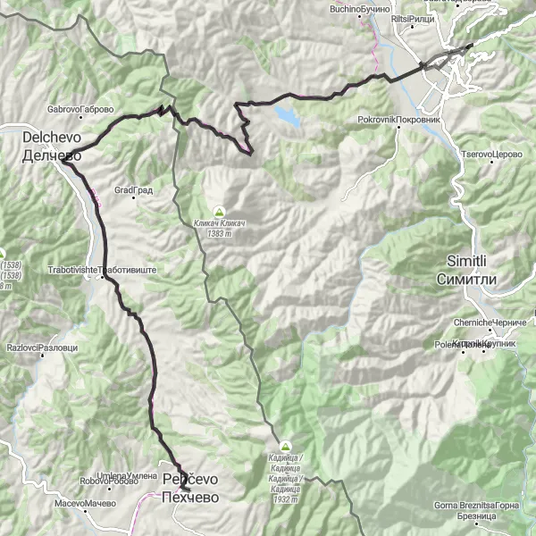 Map miniature of "Pehčevo to Trabotivishte and Logodaj" cycling inspiration in Severna Makedonija, Macedonia. Generated by Tarmacs.app cycling route planner