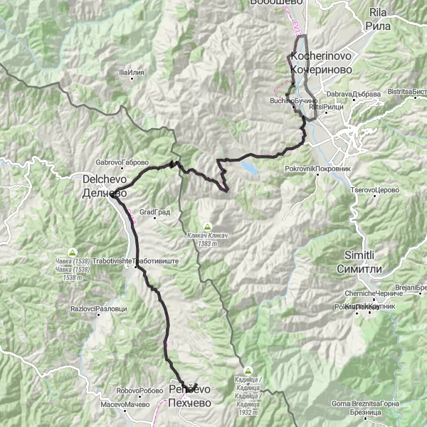 Map miniature of "Pehčevo Roundtrip Cycling Route" cycling inspiration in Severna Makedonija, Macedonia. Generated by Tarmacs.app cycling route planner