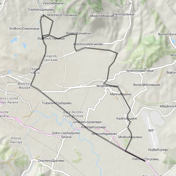 Map miniature of "Petrovec Loop" cycling inspiration in Severna Makedonija, Macedonia. Generated by Tarmacs.app cycling route planner