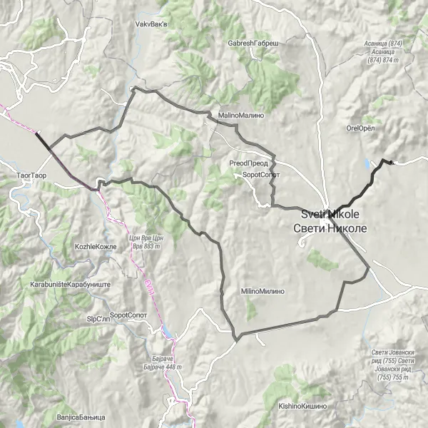 Map miniature of "Sushica and Sveti Nikole Ride" cycling inspiration in Severna Makedonija, Macedonia. Generated by Tarmacs.app cycling route planner