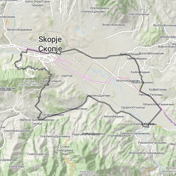 Map miniature of "Mountain Serenity" cycling inspiration in Severna Makedonija, Macedonia. Generated by Tarmacs.app cycling route planner