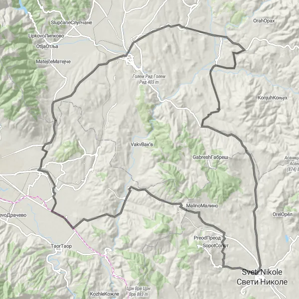 Map miniature of "Kumanovo Adventure" cycling inspiration in Severna Makedonija, Macedonia. Generated by Tarmacs.app cycling route planner