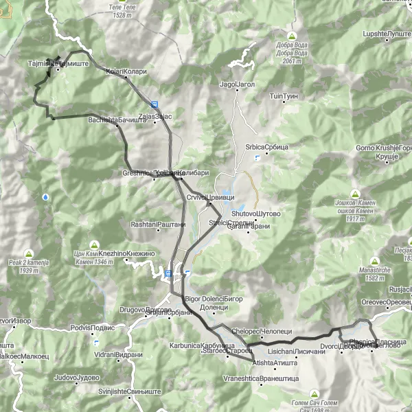 Map miniature of "Plasnica to Preglovo" cycling inspiration in Severna Makedonija, Macedonia. Generated by Tarmacs.app cycling route planner