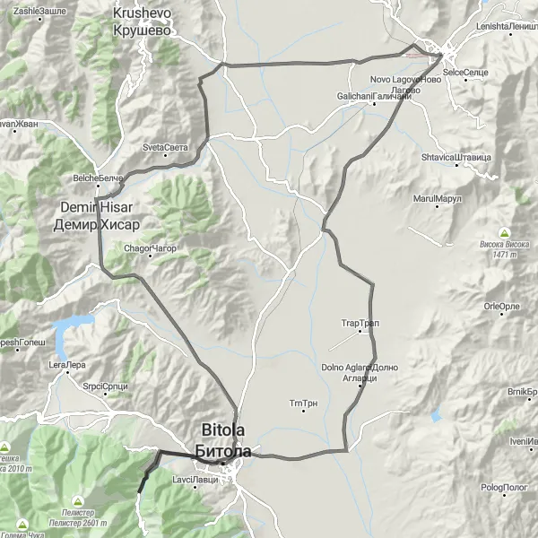 Map miniature of "Prilep to Demir Hisar and Bitola Loop" cycling inspiration in Severna Makedonija, Macedonia. Generated by Tarmacs.app cycling route planner