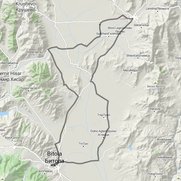 Map miniature of "Prilep to Kozle and Clock Tower Loop" cycling inspiration in Severna Makedonija, Macedonia. Generated by Tarmacs.app cycling route planner