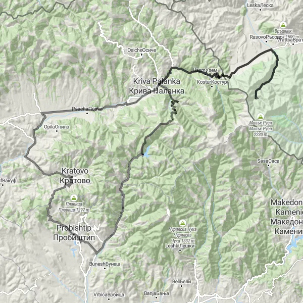 Map miniature of "Konopnica and Garliano Circuit" cycling inspiration in Severna Makedonija, Macedonia. Generated by Tarmacs.app cycling route planner
