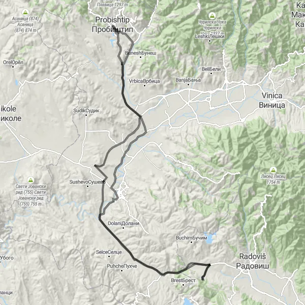 Map miniature of "Pishica and Ratavica Circuit" cycling inspiration in Severna Makedonija, Macedonia. Generated by Tarmacs.app cycling route planner