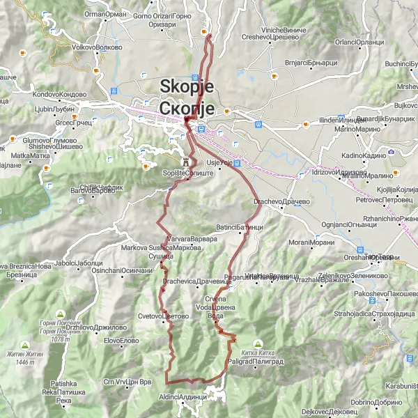 Map miniature of "Radishani Gravel Adventure" cycling inspiration in Severna Makedonija, Macedonia. Generated by Tarmacs.app cycling route planner