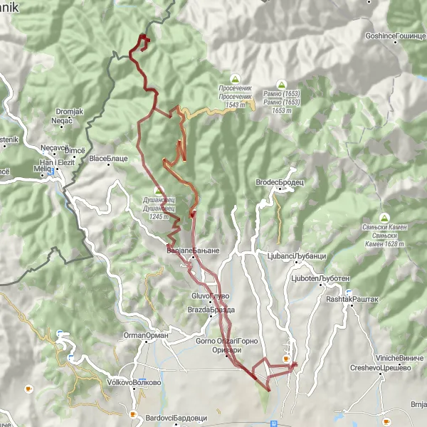 Map miniature of "Gravel Adventure: Radishani to Gorno Orizari" cycling inspiration in Severna Makedonija, Macedonia. Generated by Tarmacs.app cycling route planner