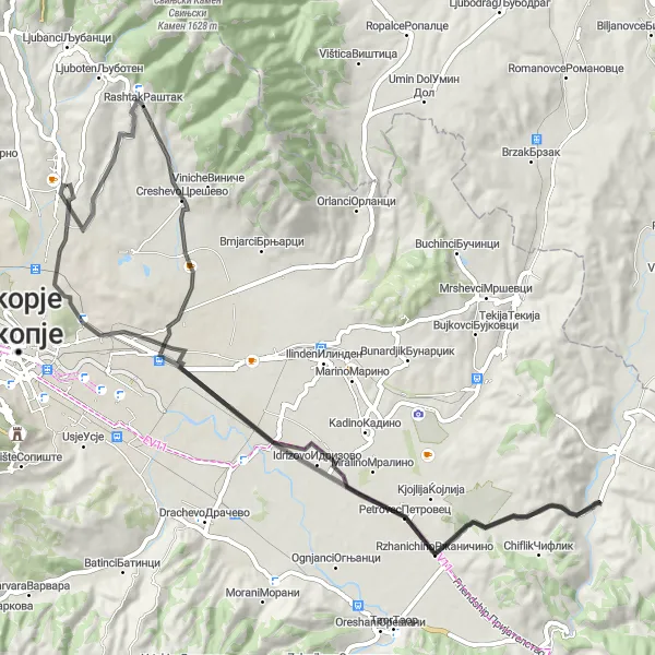 Map miniature of "Radishani Loop" cycling inspiration in Severna Makedonija, Macedonia. Generated by Tarmacs.app cycling route planner