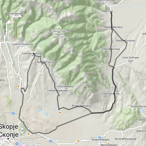 Map miniature of "Mountain Views and Historical Landmarks" cycling inspiration in Severna Makedonija, Macedonia. Generated by Tarmacs.app cycling route planner