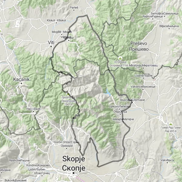 Map miniature of "The Ultimate Mountain Challenge" cycling inspiration in Severna Makedonija, Macedonia. Generated by Tarmacs.app cycling route planner