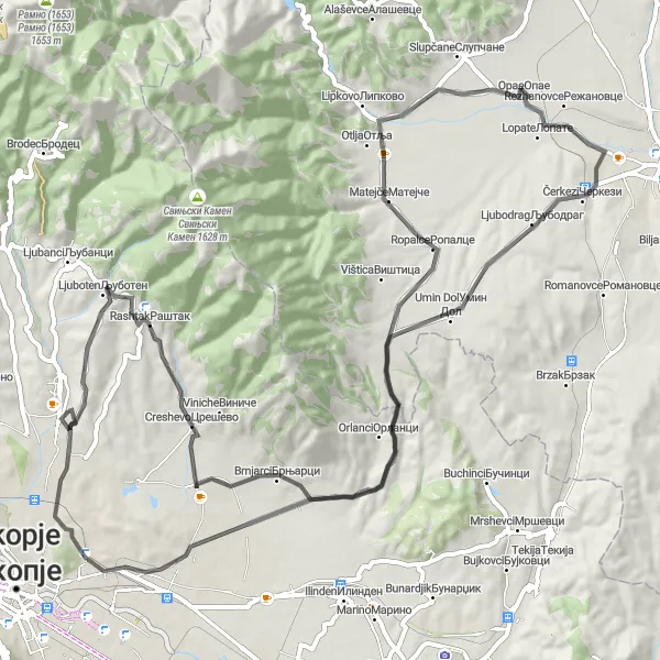 Map miniature of "Road Cycling Tour of Radishani" cycling inspiration in Severna Makedonija, Macedonia. Generated by Tarmacs.app cycling route planner