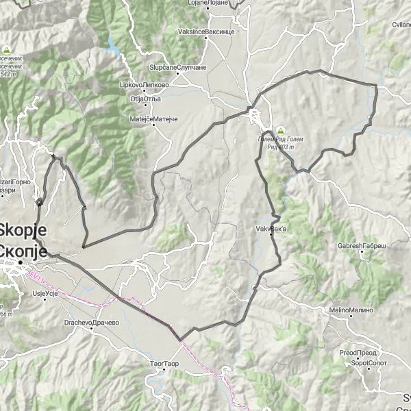 Map miniature of "Kumanovo Exploration" cycling inspiration in Severna Makedonija, Macedonia. Generated by Tarmacs.app cycling route planner