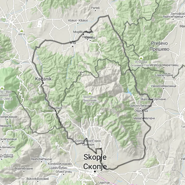 Map miniature of "Scenic Road Trip to Gërmovë" cycling inspiration in Severna Makedonija, Macedonia. Generated by Tarmacs.app cycling route planner