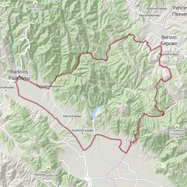 Map miniature of "Loop around Radovis and Dobroshinci" cycling inspiration in Severna Makedonija, Macedonia. Generated by Tarmacs.app cycling route planner