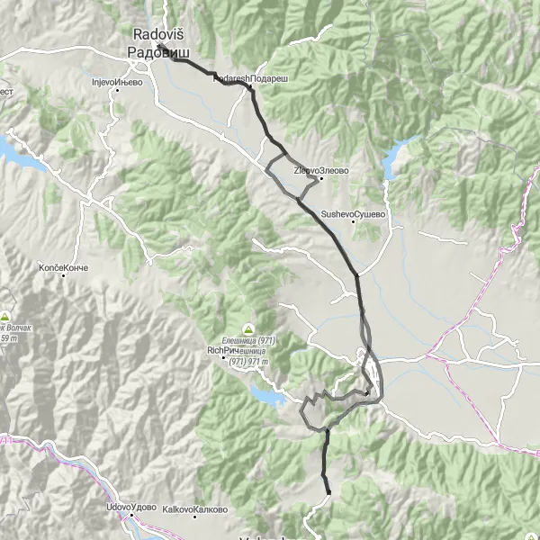 Map miniature of "Radovis and Beyond" cycling inspiration in Severna Makedonija, Macedonia. Generated by Tarmacs.app cycling route planner