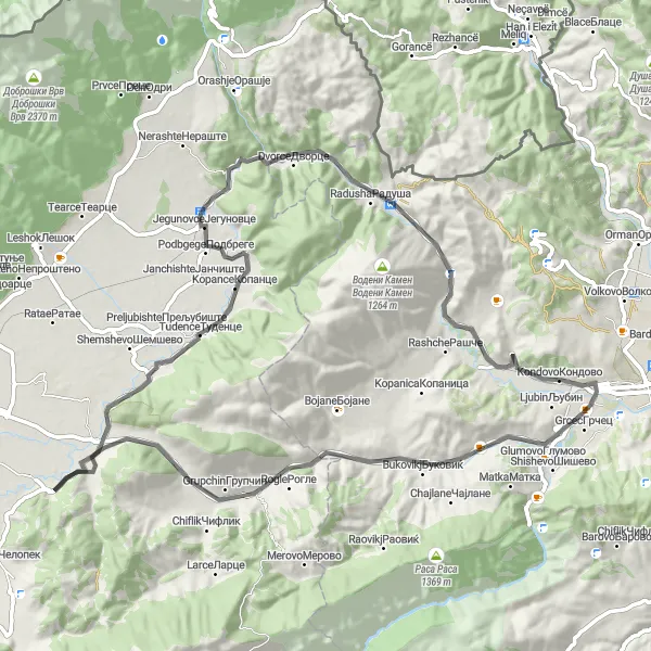 Map miniature of "Serene Countryside Ride" cycling inspiration in Severna Makedonija, Macedonia. Generated by Tarmacs.app cycling route planner