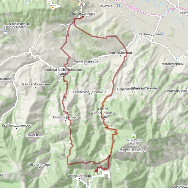 Map miniature of "Gravel Adventure: Exploring Sopište's Hidden Gems" cycling inspiration in Severna Makedonija, Macedonia. Generated by Tarmacs.app cycling route planner