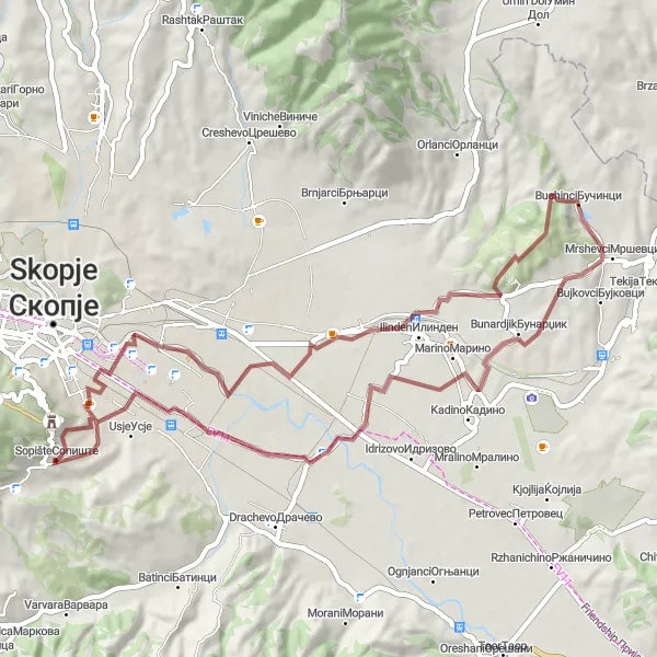 Map miniature of "Gorno Lisiche and the Gravel Roads of Sopište" cycling inspiration in Severna Makedonija, Macedonia. Generated by Tarmacs.app cycling route planner