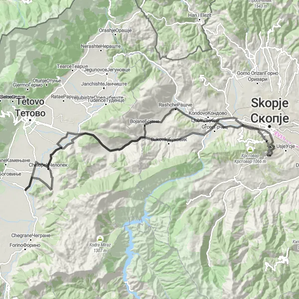 Map miniature of "Mountain Challenge" cycling inspiration in Severna Makedonija, Macedonia. Generated by Tarmacs.app cycling route planner