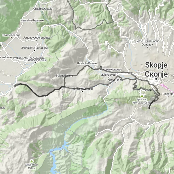 Map miniature of "Markovi Kuli Expedition" cycling inspiration in Severna Makedonija, Macedonia. Generated by Tarmacs.app cycling route planner