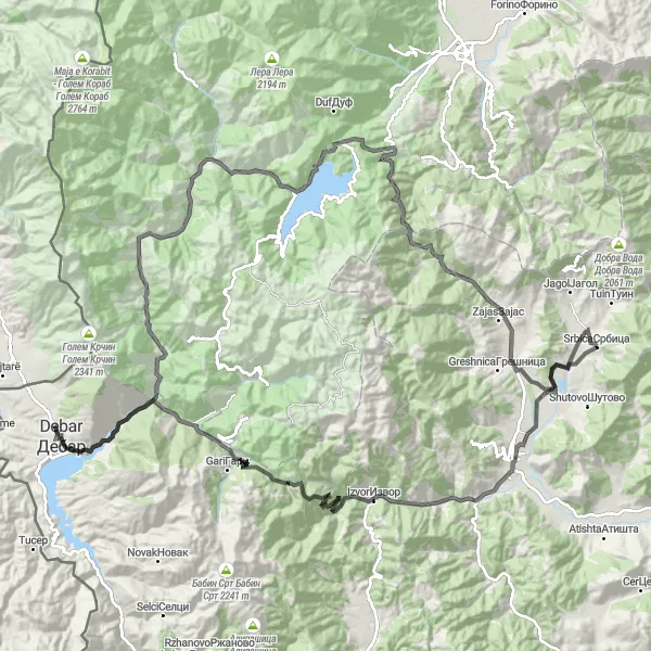 Map miniature of "Kichevo-Mavrovi Anovi" cycling inspiration in Severna Makedonija, Macedonia. Generated by Tarmacs.app cycling route planner