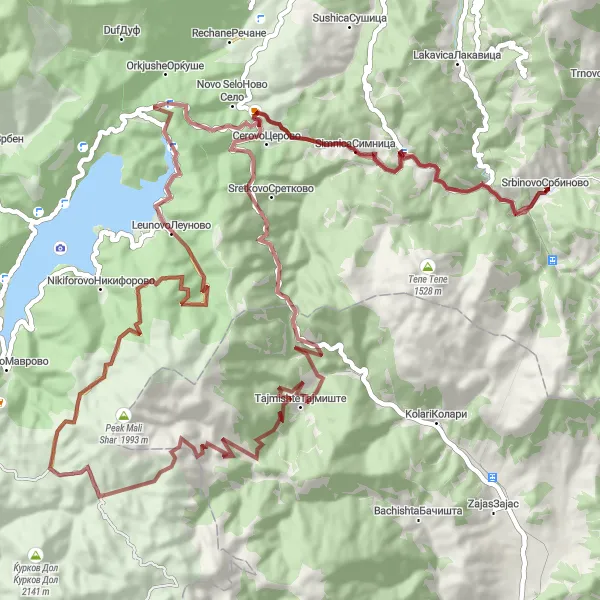 Map miniature of "Gravel Adventure to Dolna Gjonovica" cycling inspiration in Severna Makedonija, Macedonia. Generated by Tarmacs.app cycling route planner