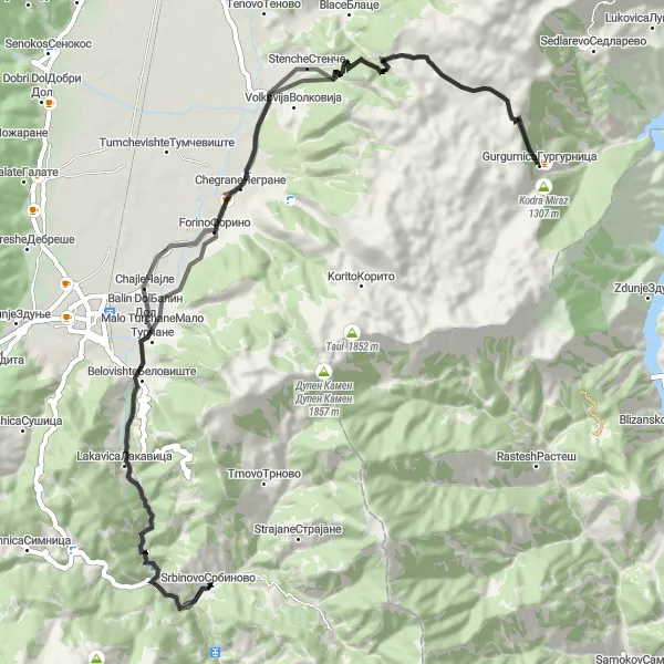 Map miniature of "Enchanting Ride to Stenche and Belovishte" cycling inspiration in Severna Makedonija, Macedonia. Generated by Tarmacs.app cycling route planner