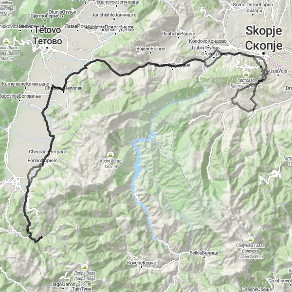 Map miniature of "The Majestic Sopište Loop" cycling inspiration in Severna Makedonija, Macedonia. Generated by Tarmacs.app cycling route planner