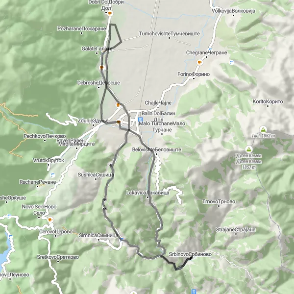 Map miniature of "Idyllic Ride through Dolna Gjonovica and Gostivar" cycling inspiration in Severna Makedonija, Macedonia. Generated by Tarmacs.app cycling route planner