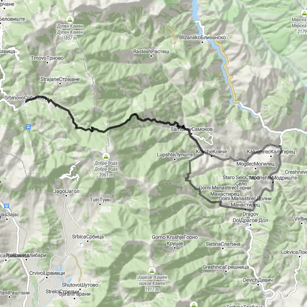 Map miniature of "Scenic Route to Zhelezna Reka and Zrkle" cycling inspiration in Severna Makedonija, Macedonia. Generated by Tarmacs.app cycling route planner