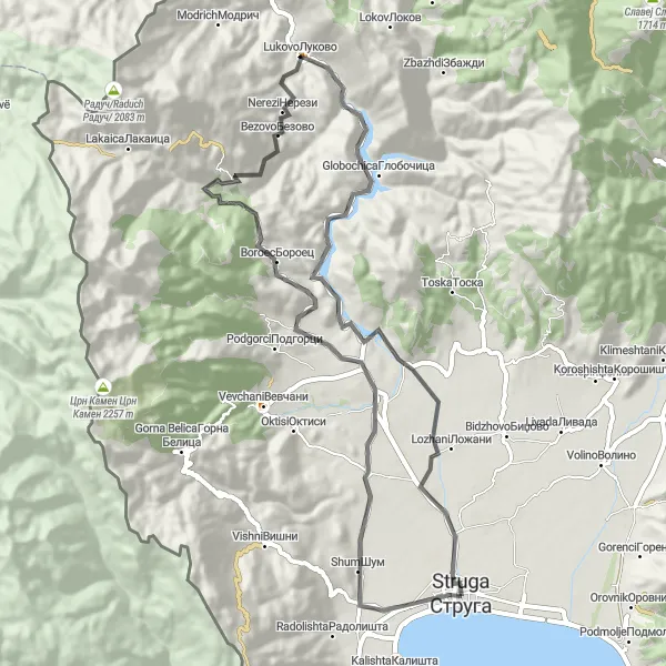 Map miniature of "Struga Loop" cycling inspiration in Severna Makedonija, Macedonia. Generated by Tarmacs.app cycling route planner