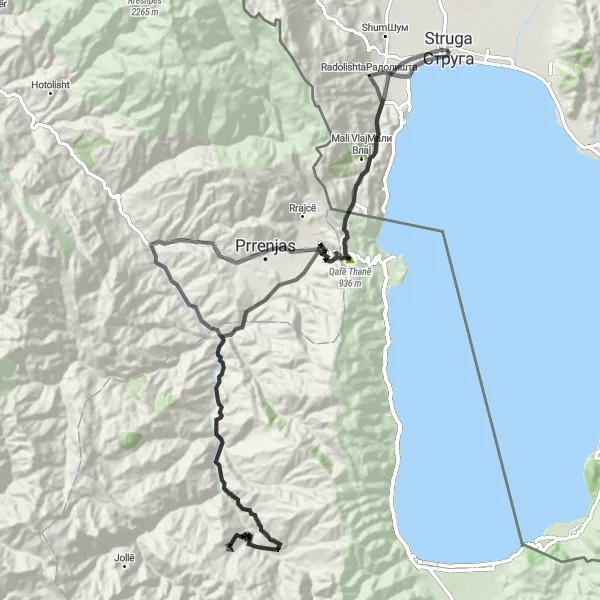 Map miniature of "Struga V and Illiric's Kings Tombs" cycling inspiration in Severna Makedonija, Macedonia. Generated by Tarmacs.app cycling route planner