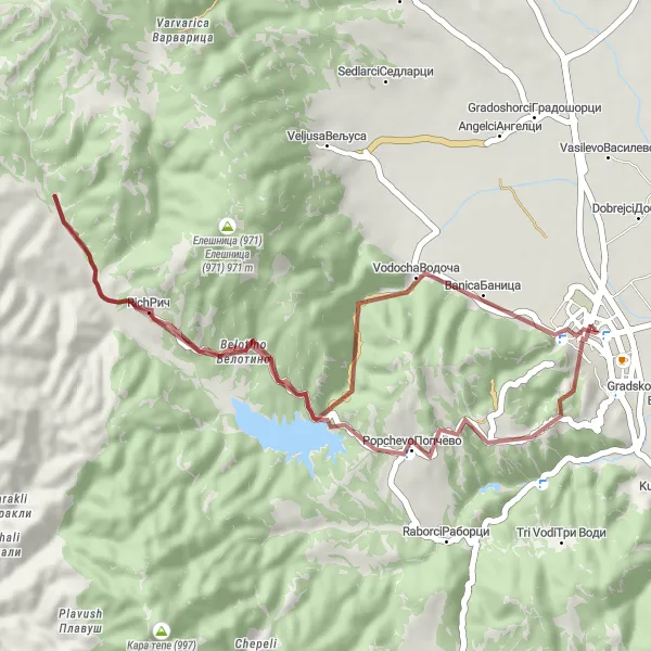 Map miniature of "Gravel Route to Belotino" cycling inspiration in Severna Makedonija, Macedonia. Generated by Tarmacs.app cycling route planner