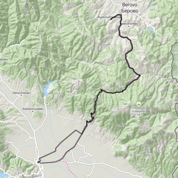 Map miniature of "Strumica - Prosenikovo - Hamzali - Suvi Laki - Rusinovo - Petralinci - Strumica" cycling inspiration in Severna Makedonija, Macedonia. Generated by Tarmacs.app cycling route planner