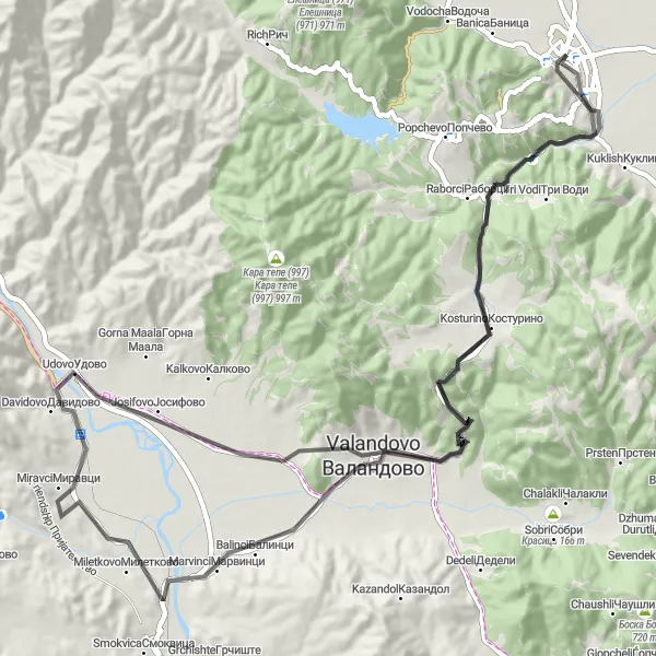 Map miniature of "Strumica Adventure: Valleys and Mountain Passes" cycling inspiration in Severna Makedonija, Macedonia. Generated by Tarmacs.app cycling route planner