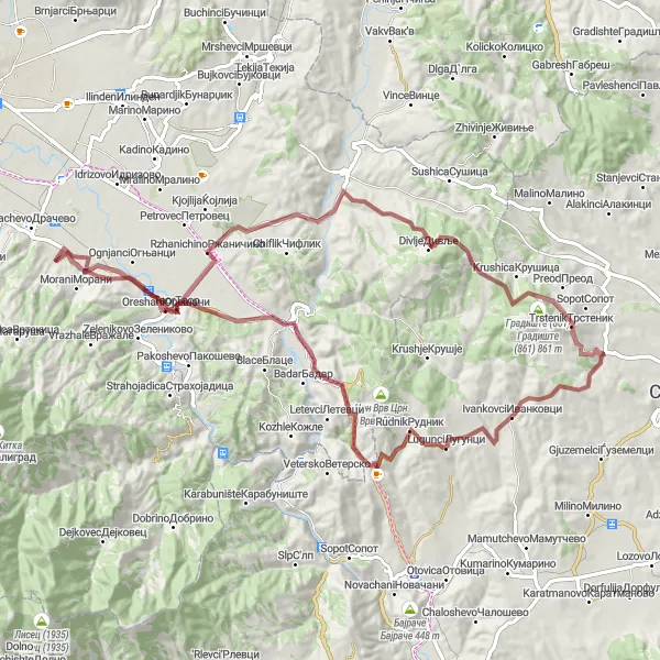 Map miniature of "Studeničani to Oreshani Gravel Route" cycling inspiration in Severna Makedonija, Macedonia. Generated by Tarmacs.app cycling route planner