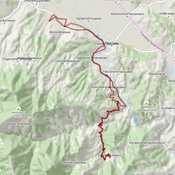 Map miniature of "Zelenikovo Gravel Ride" cycling inspiration in Severna Makedonija, Macedonia. Generated by Tarmacs.app cycling route planner