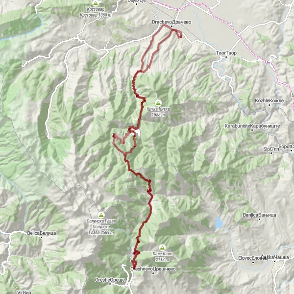 Map miniature of "Challenging Gravel Route through Nezhilovo" cycling inspiration in Severna Makedonija, Macedonia. Generated by Tarmacs.app cycling route planner