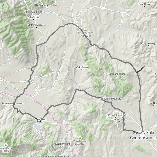Map miniature of "Kumanovo Loop" cycling inspiration in Severna Makedonija, Macedonia. Generated by Tarmacs.app cycling route planner
