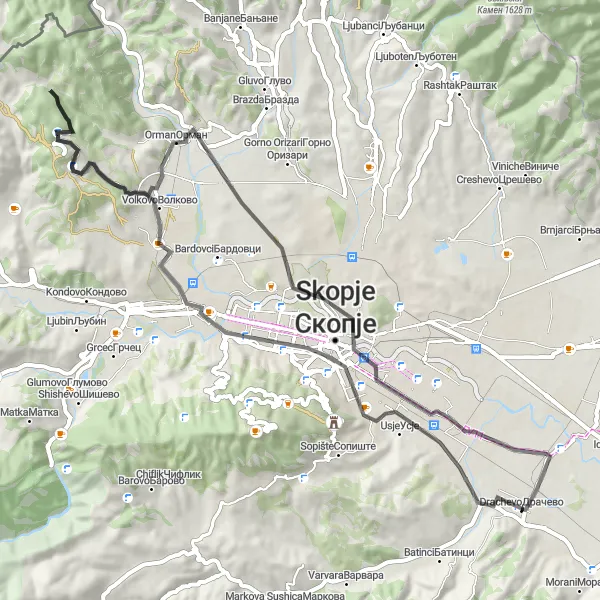 Map miniature of "Scenic Road Cycling from Studeničani to Dolno Lisiche" cycling inspiration in Severna Makedonija, Macedonia. Generated by Tarmacs.app cycling route planner
