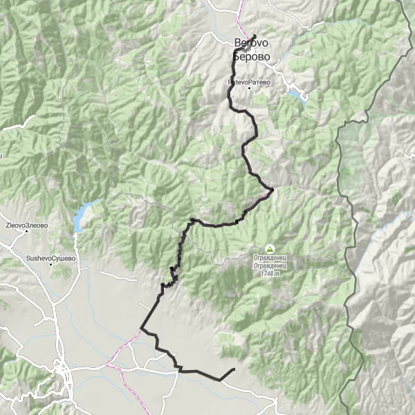 Map miniature of "Mountainous Adventure" cycling inspiration in Severna Makedonija, Macedonia. Generated by Tarmacs.app cycling route planner