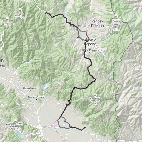 Map miniature of "The Great Loop" cycling inspiration in Severna Makedonija, Macedonia. Generated by Tarmacs.app cycling route planner