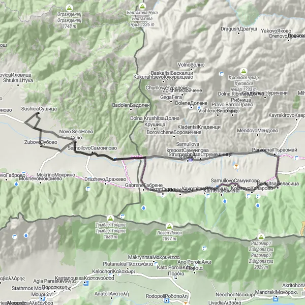 Map miniature of "Around Sušica - Novo Selo to Zubovo" cycling inspiration in Severna Makedonija, Macedonia. Generated by Tarmacs.app cycling route planner