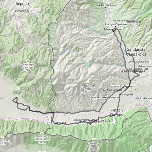 Map miniature of "Sušica Loop - Novo Selo to Zubovo" cycling inspiration in Severna Makedonija, Macedonia. Generated by Tarmacs.app cycling route planner