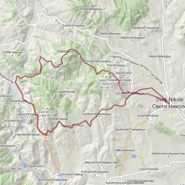 Map miniature of "Macedonian Gravel Adventure" cycling inspiration in Severna Makedonija, Macedonia. Generated by Tarmacs.app cycling route planner