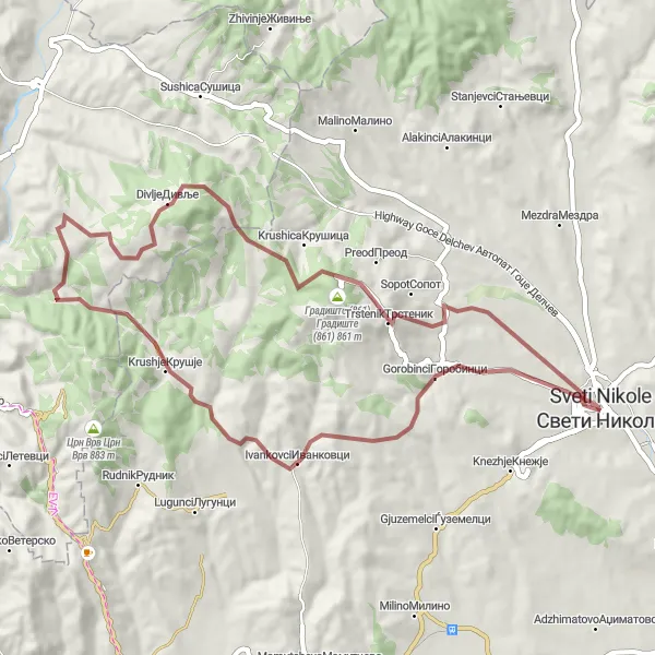 Map miniature of "Gravel Delights" cycling inspiration in Severna Makedonija, Macedonia. Generated by Tarmacs.app cycling route planner